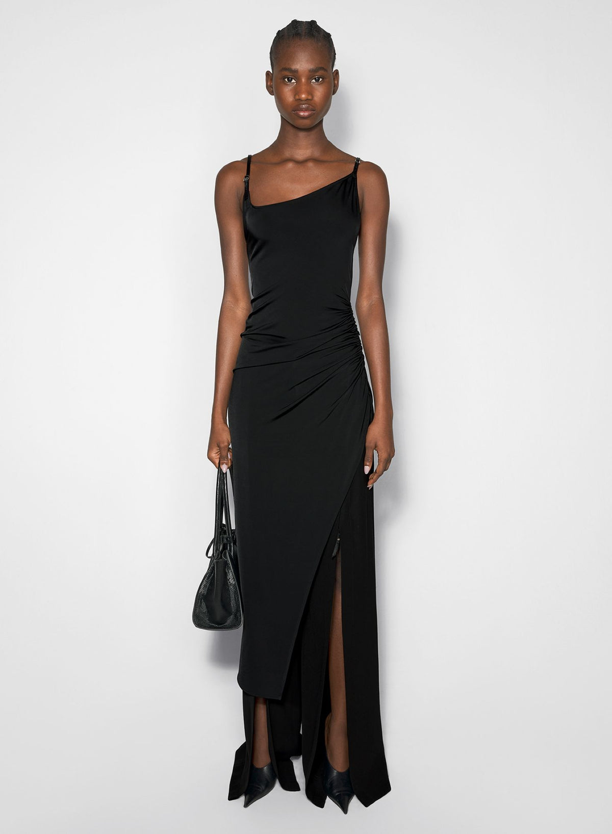 BLACK ASYMETRICAL BUCKLED STRAP DRESS