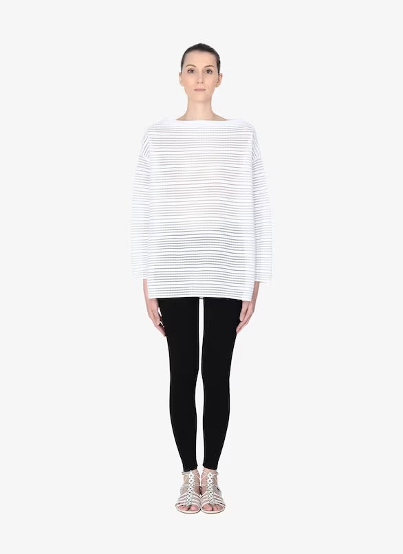 Striped long sleeve knitted brocade jumper - White