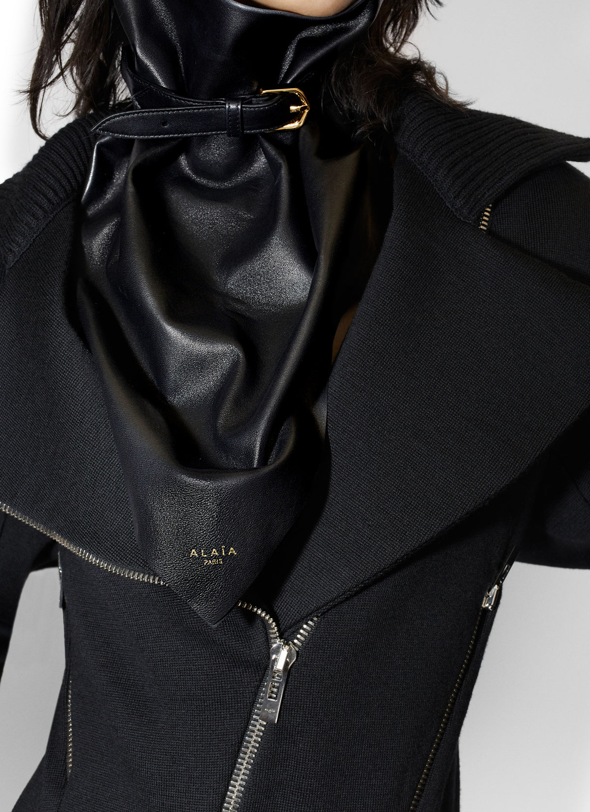 Body biker à manches longues en laine - Noir Alaïa