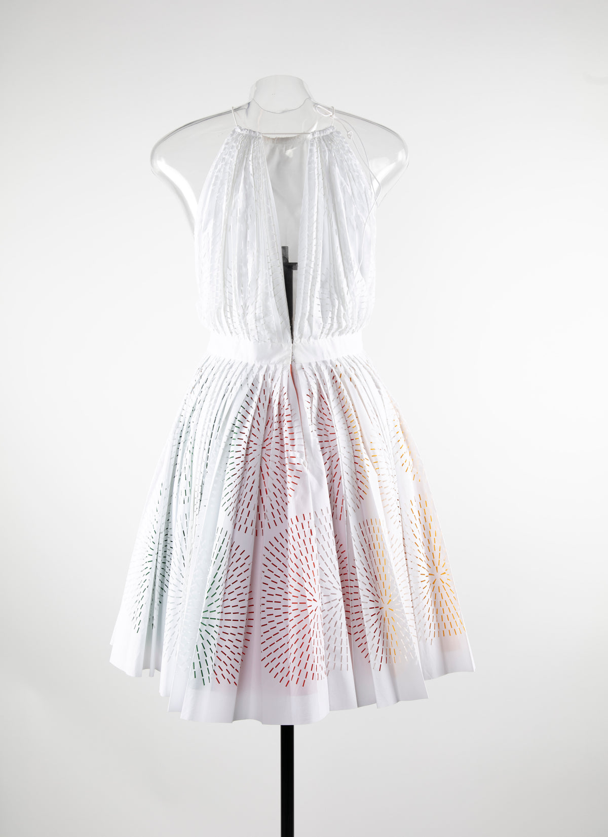 Sleeveless flared short dress with openwork details - White