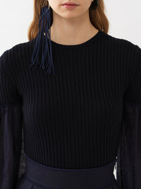 OK PORTE_Top manches longues froncées en laine et cachemire - Ink Navy