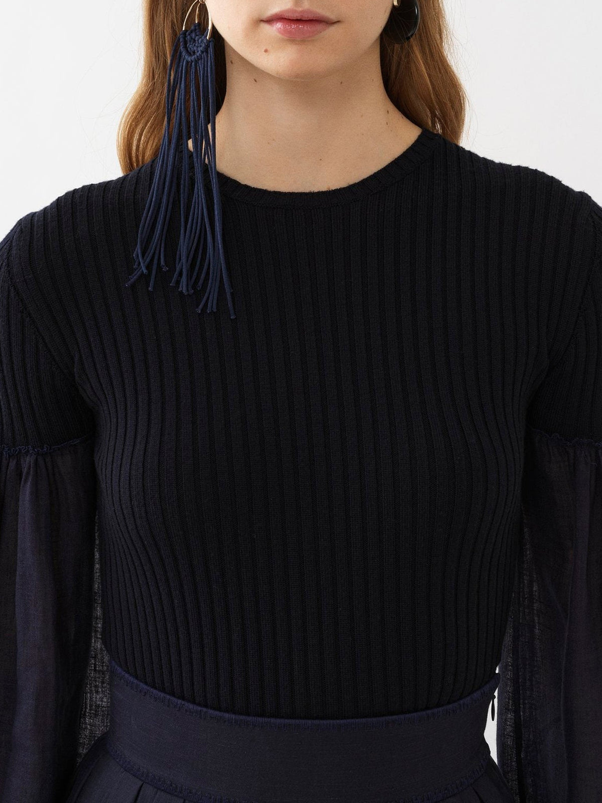 OK PORTE_Top manches longues froncées en laine et cachemire - Ink Navy